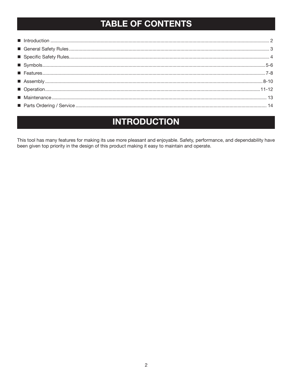 Table of contents introduction | Ryobi ELB001 User Manual | Page 2 / 14