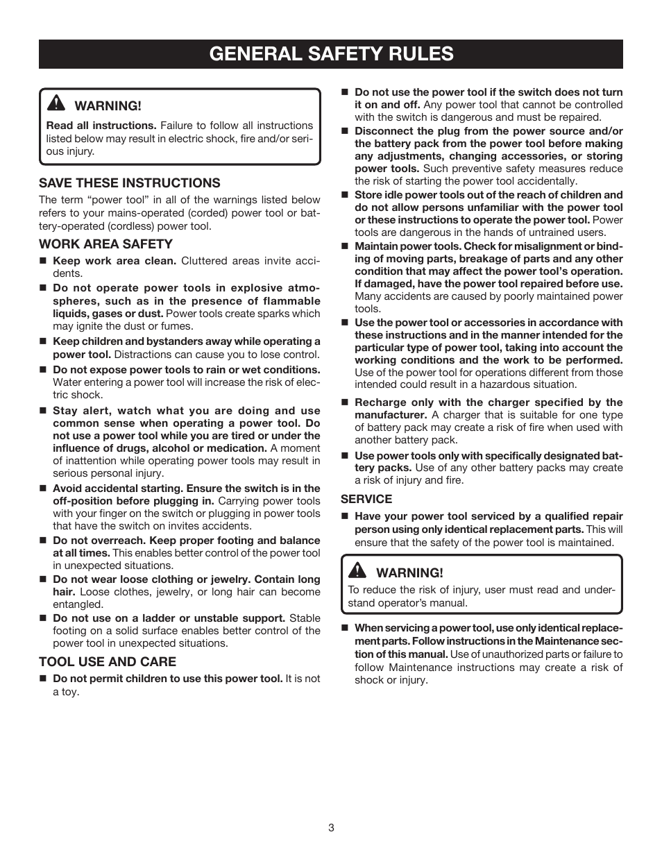 General safety rules | Ryobi ELB001 User Manual | Page 3 / 14