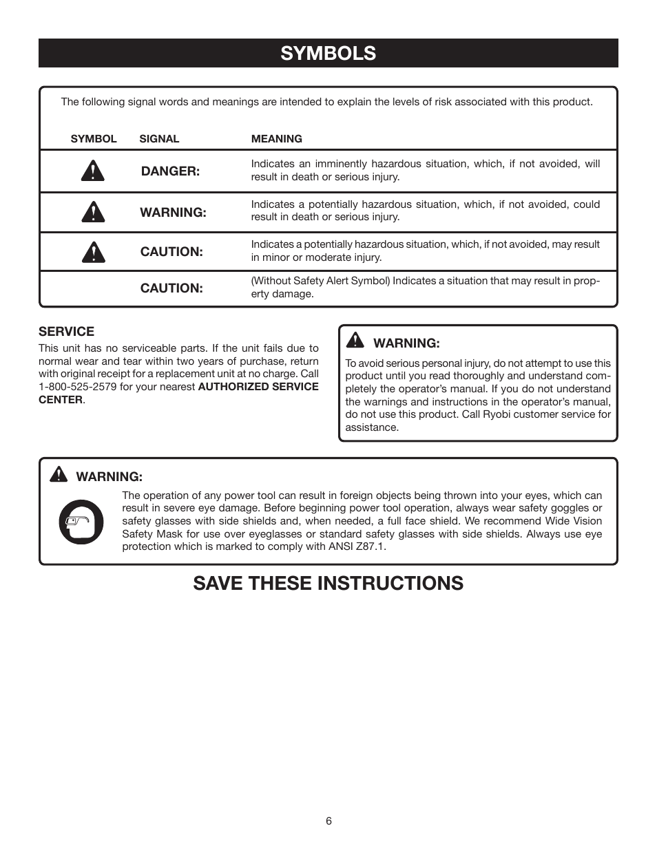 Symbols, Save these instructions | Ryobi ELB001 User Manual | Page 6 / 14