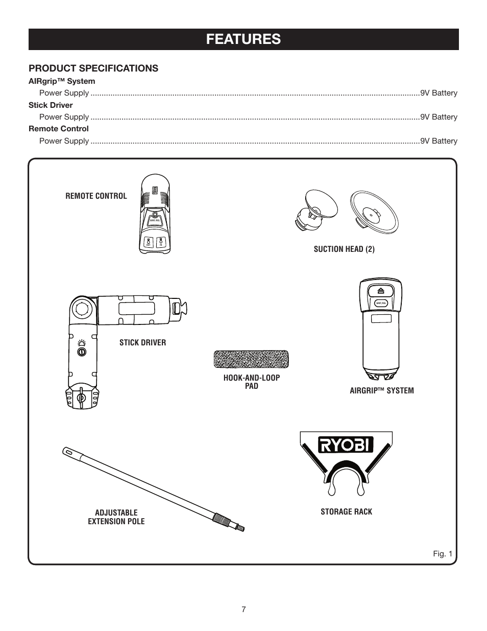 Features, Product specifications | Ryobi ELB001 User Manual | Page 7 / 14