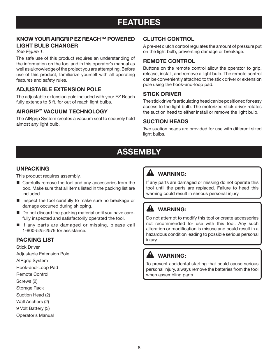 Features, Assembly | Ryobi ELB001 User Manual | Page 8 / 14