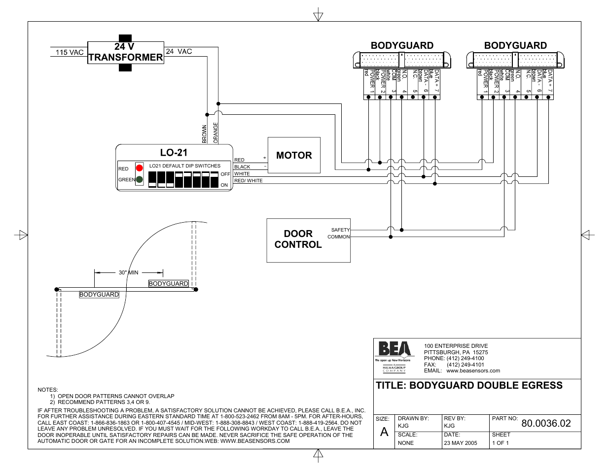 0036.02_081905_bodyguard double egress, Title: bodyguard double egress, 24 v transformer | Door control, Motor, Bodyguard | BEA BodyGuard w/ LO-21 User Manual | Page 2 / 3