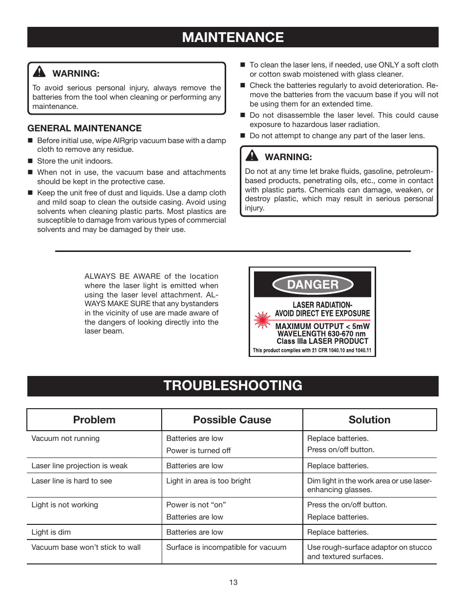 Maintenance, Troubleshooting, Problem possible cause solution | Ryobi ELL0002 User Manual | Page 13 / 14