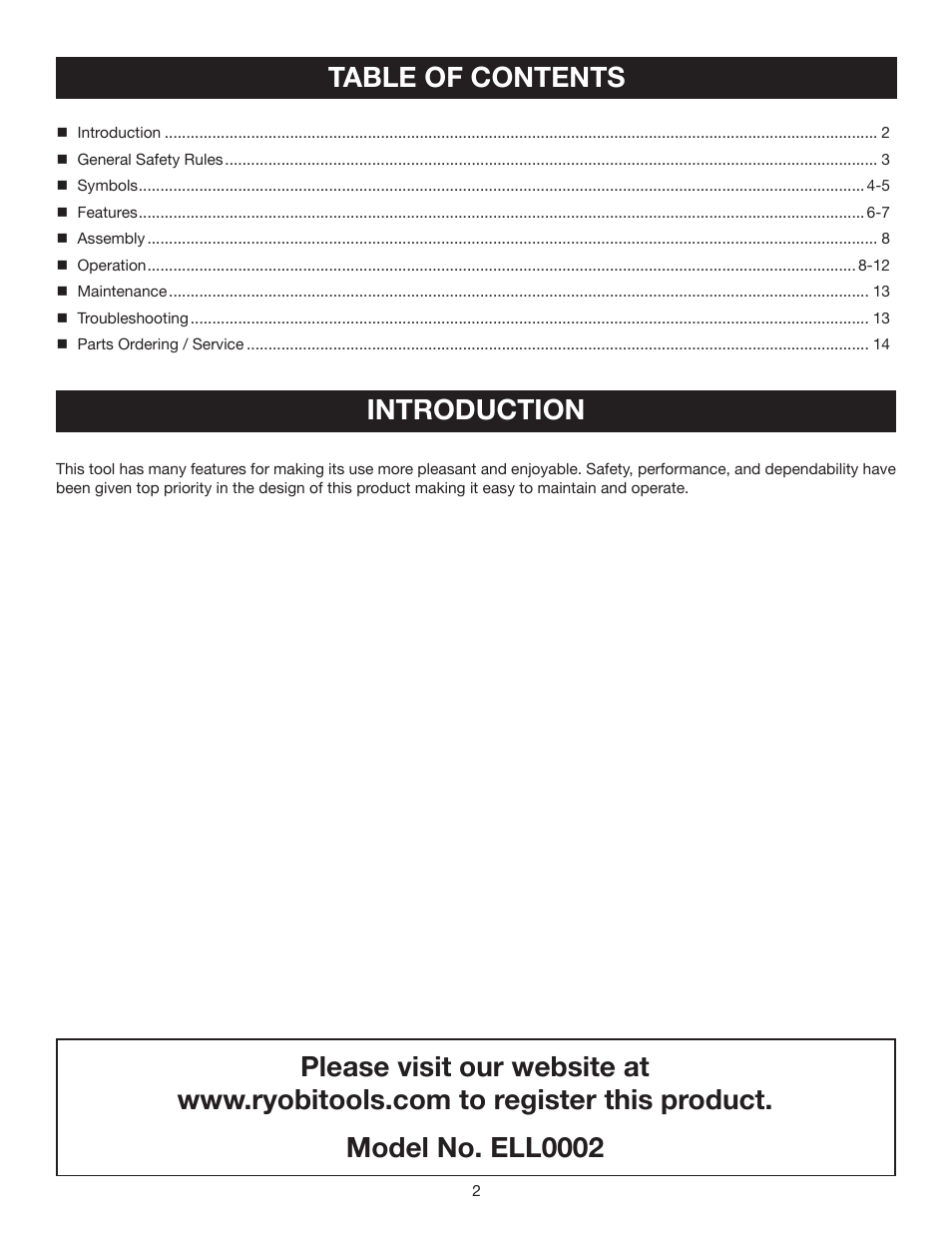 Table of contents introduction | Ryobi ELL0002 User Manual | Page 2 / 14