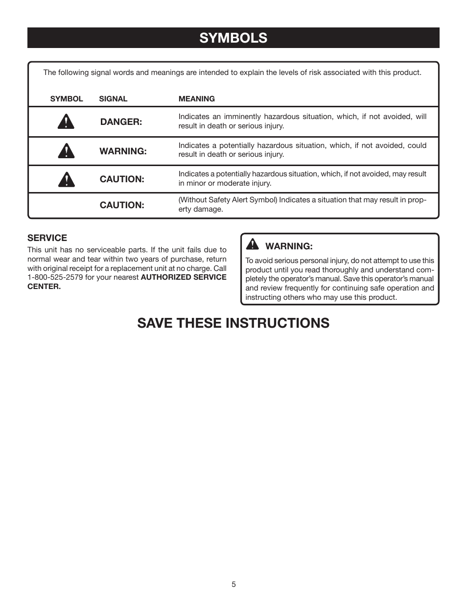 Symbols, Save these instructions | Ryobi ELL0002 User Manual | Page 5 / 14