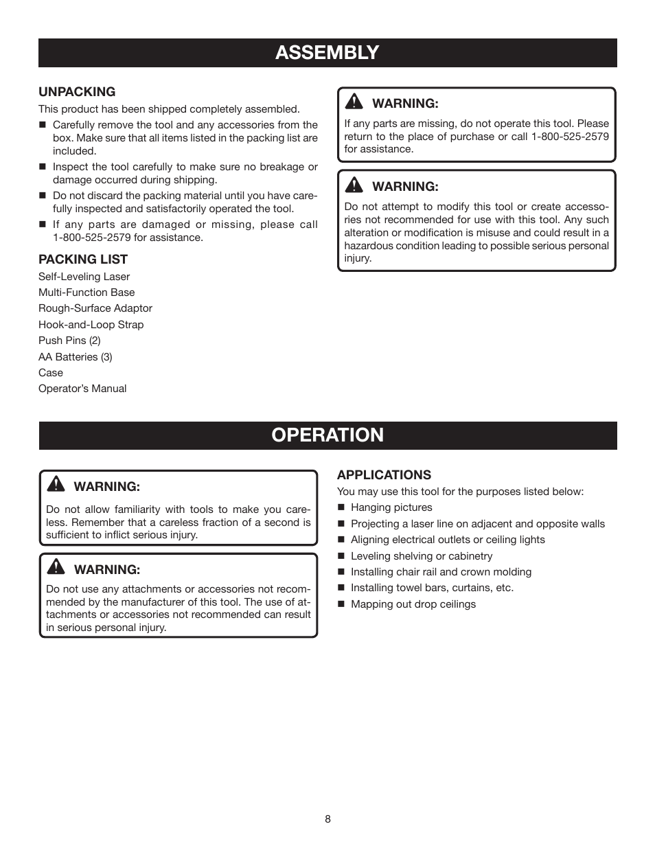 Assembly, Operation | Ryobi ELL0002 User Manual | Page 8 / 14