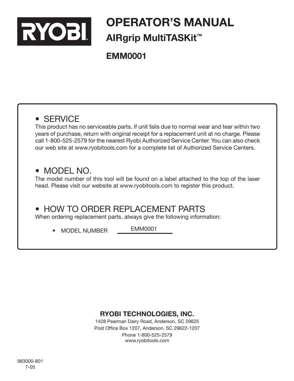 Operator’s manual, Airgrip multitaskit, Service | Model no, How to order replacement parts, Emm0001 | Ryobi EMM0001 User Manual | Page 16 / 16