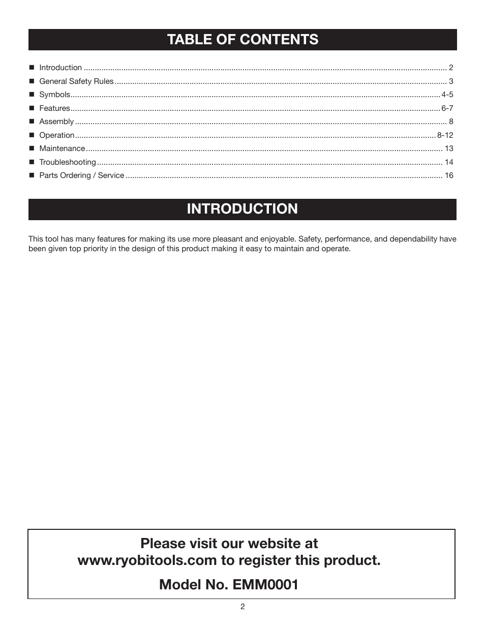 Table of contents introduction | Ryobi EMM0001 User Manual | Page 2 / 16