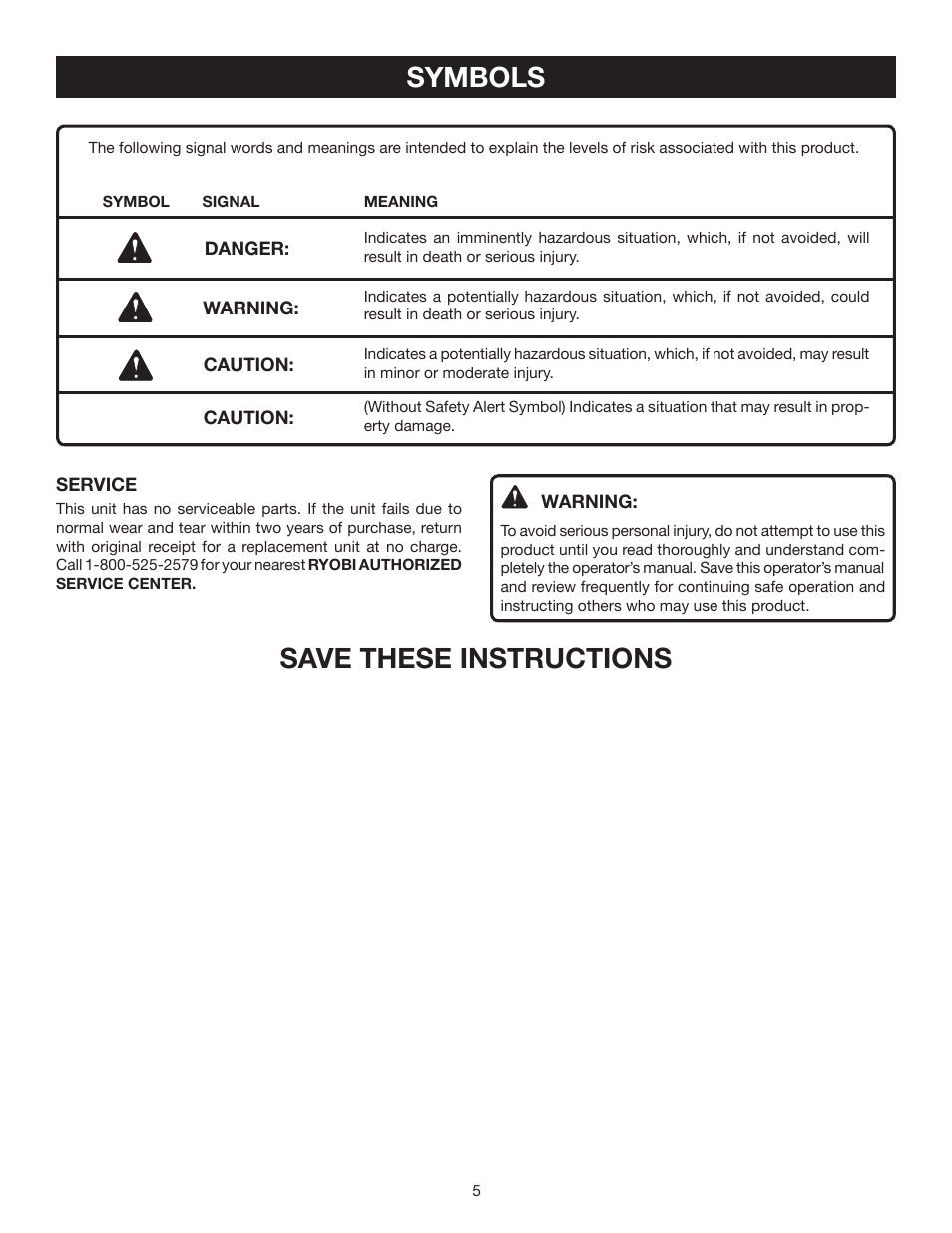 Symbols, Save these instructions | Ryobi EMM0001 User Manual | Page 5 / 16