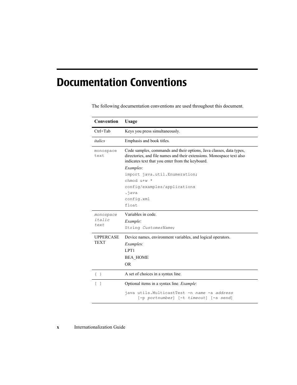Documentation conventions | BEA WebLogic Server User Manual | Page 10 / 88