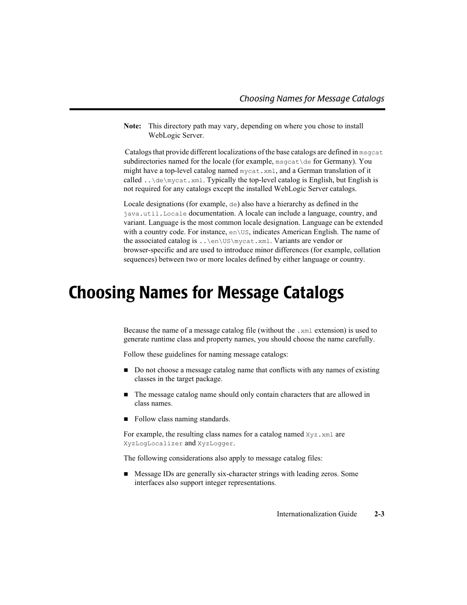 Choosing names for message catalogs, Choosing names for message catalogs -3 | BEA WebLogic Server User Manual | Page 21 / 88