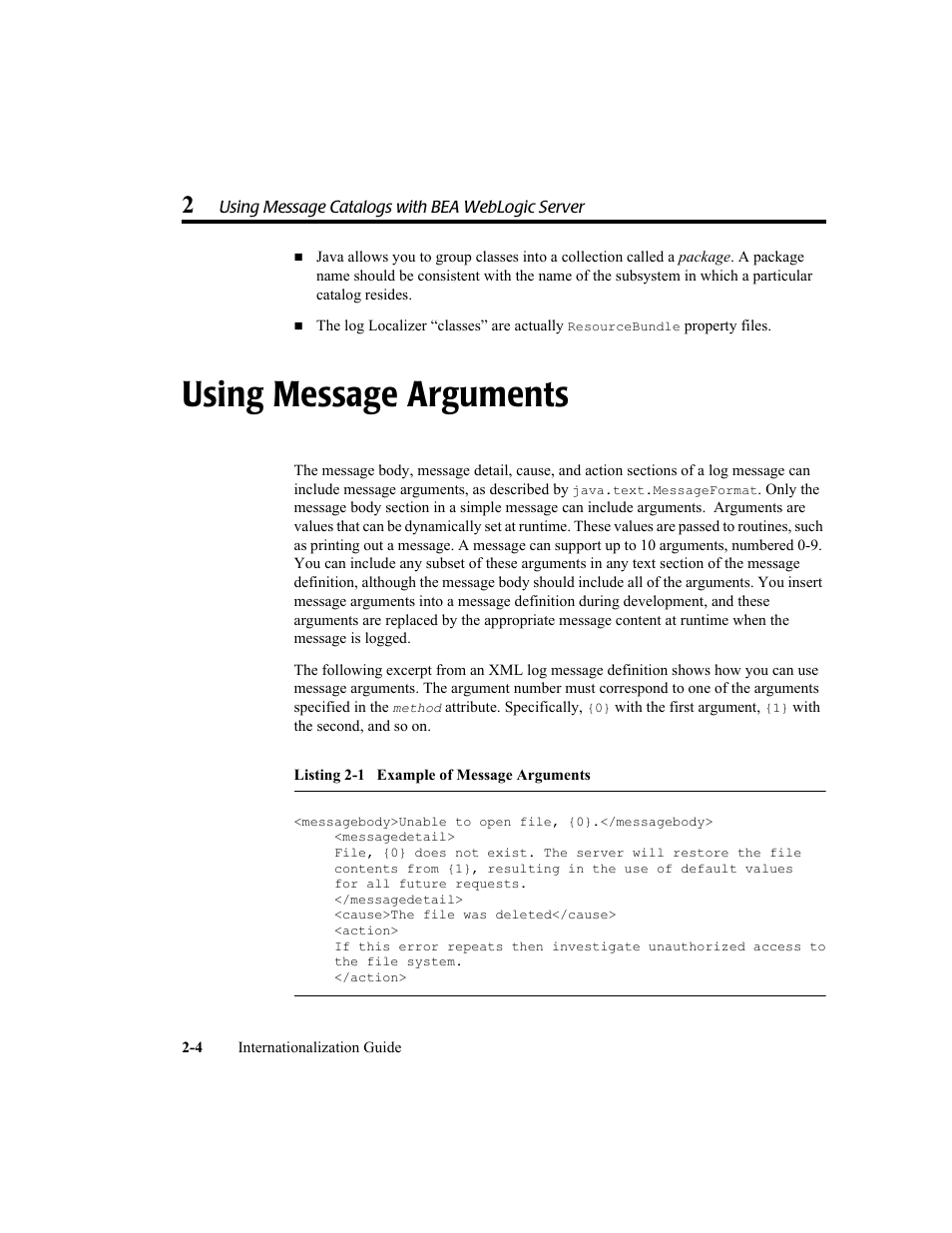 Using message arguments, Listing 2-1 example of message arguments, Using message arguments -4 | BEA WebLogic Server User Manual | Page 22 / 88