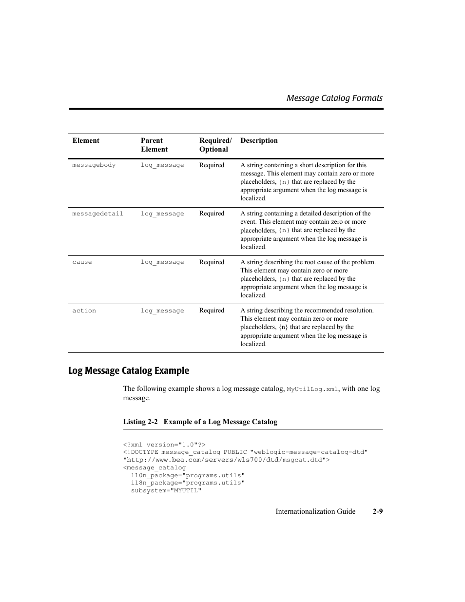 Log message catalog example, Listing 2-2 example of a log message catalog, Log message catalog example -9 | BEA WebLogic Server User Manual | Page 27 / 88