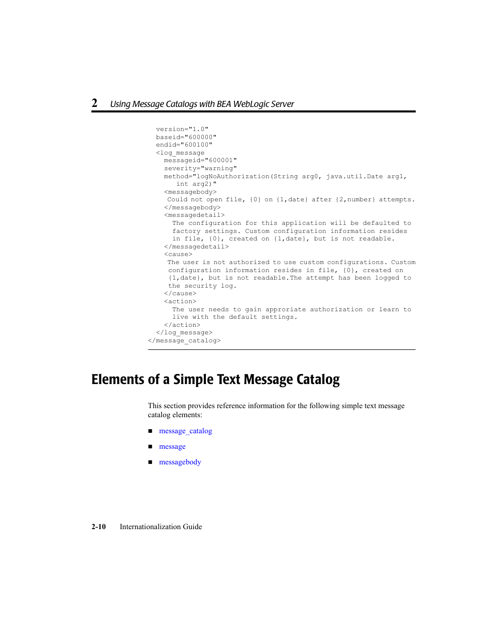 Elements of a simple text message catalog, Elements of a simple text message catalog -10 | BEA WebLogic Server User Manual | Page 28 / 88