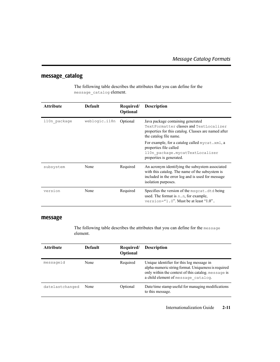 Message_catalog, Message, Message_catalog -11 message -11 | BEA WebLogic Server User Manual | Page 29 / 88