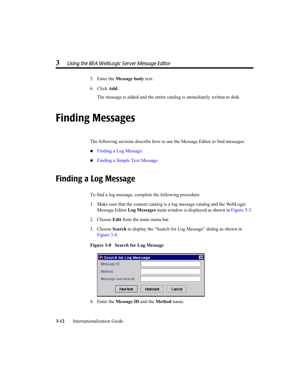 Finding messages, Finding a log message, Finding messages -12 | Finding a log message -12 | BEA WebLogic Server User Manual | Page 46 / 88
