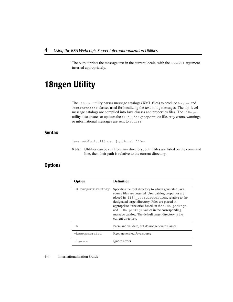 18ngen utility, Syntax, Options | 18ngen utility -4, Syntax -4 options -4 | BEA WebLogic Server User Manual | Page 54 / 88