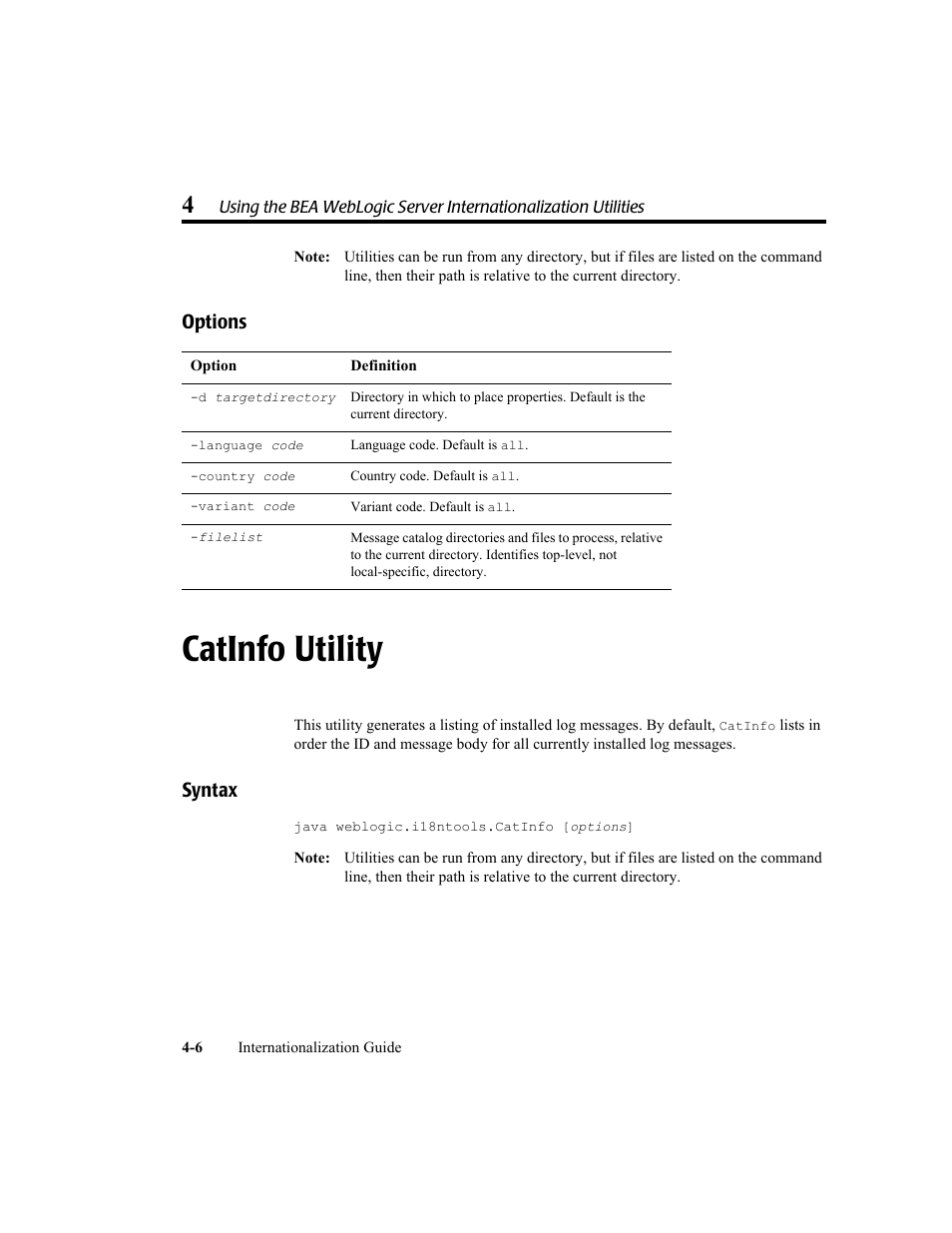 Options, Catinfo utility, Syntax | Options -6, Catinfo utility -6, Syntax -6 | BEA WebLogic Server User Manual | Page 56 / 88