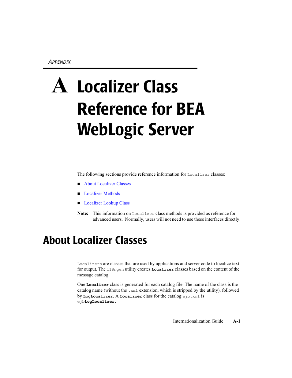 About localizer classes, Describ, Localizer class reference for bea weblogic server | BEA WebLogic Server User Manual | Page 59 / 88