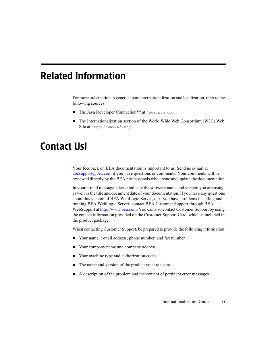 Related information, Contact us | BEA WebLogic Server User Manual | Page 9 / 88