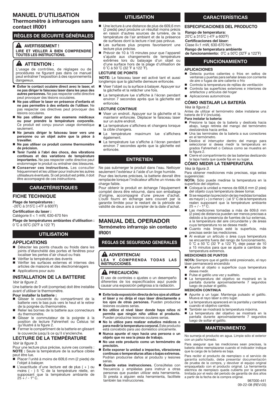 Manuel d’utilisation, Manual del operador, Thermomètre à infrarouges sans contact ir001 | Applications, Installation de la batterie, Lecture de la température, Règles de sécurité générales, Fiche technique, Attention, Caractéristiques utilisation utilisation entretien | Ryobi IR001 User Manual | Page 2 / 2