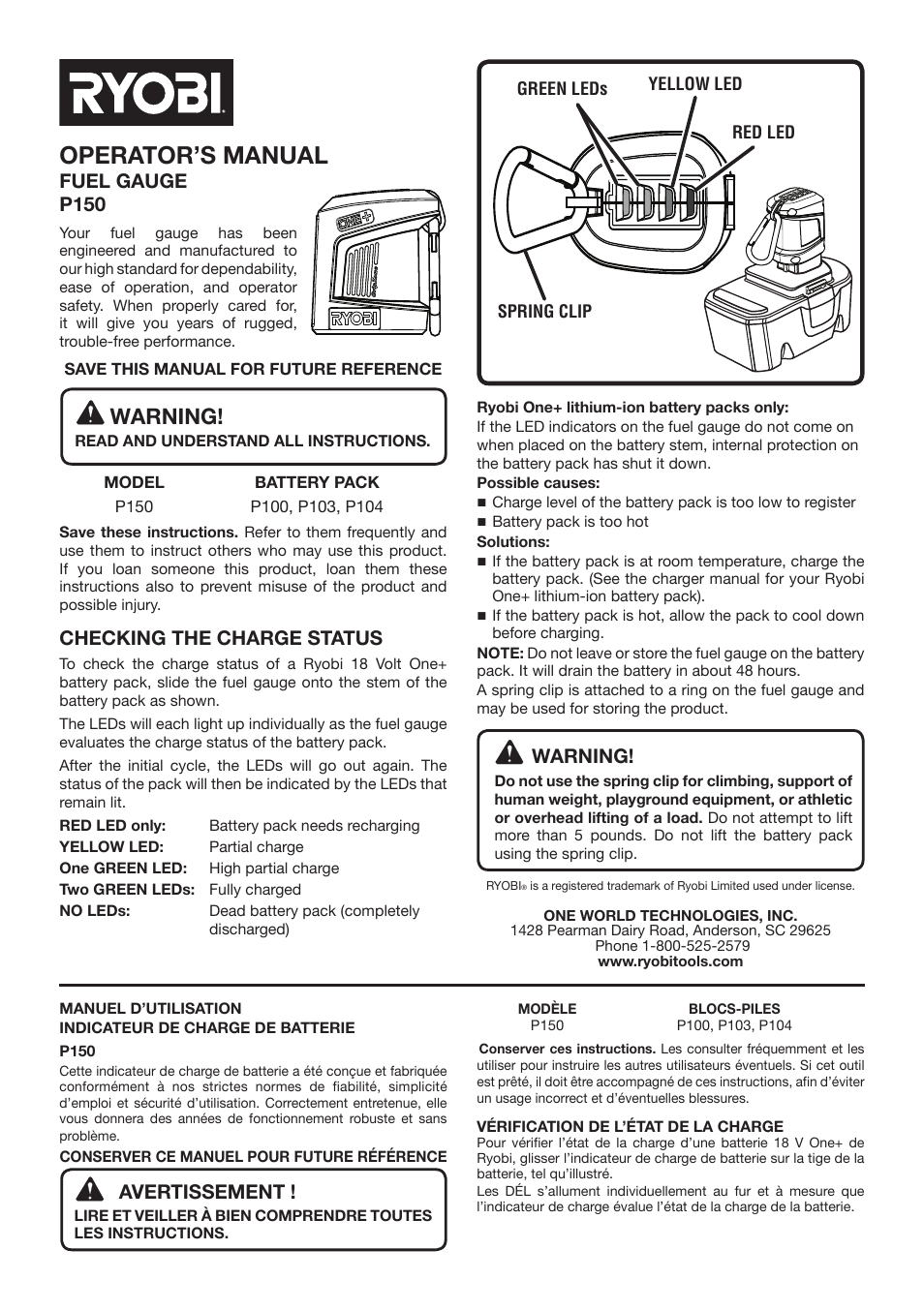 Ryobi P150 User Manual | 2 pages