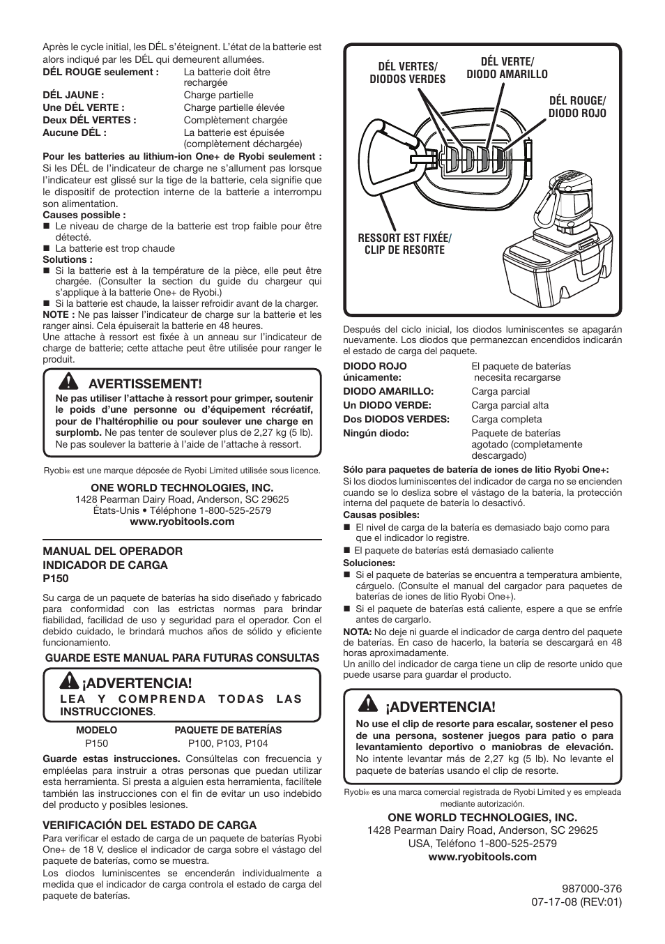 Advertencia, Avertissement | Ryobi P150 User Manual | Page 2 / 2