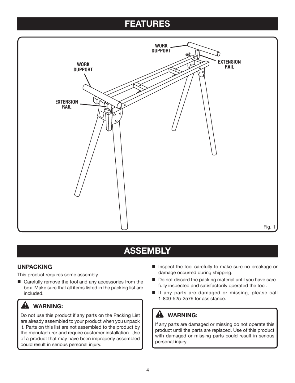 Features, Assembly | Ryobi RMS10 User Manual | Page 4 / 8