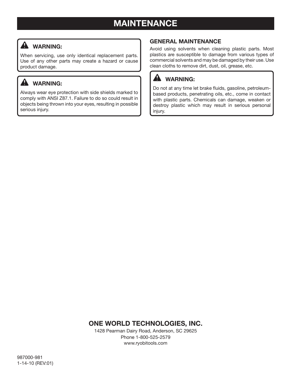 Maintenance, One world technologies, inc | Ryobi RMS10 User Manual | Page 8 / 8