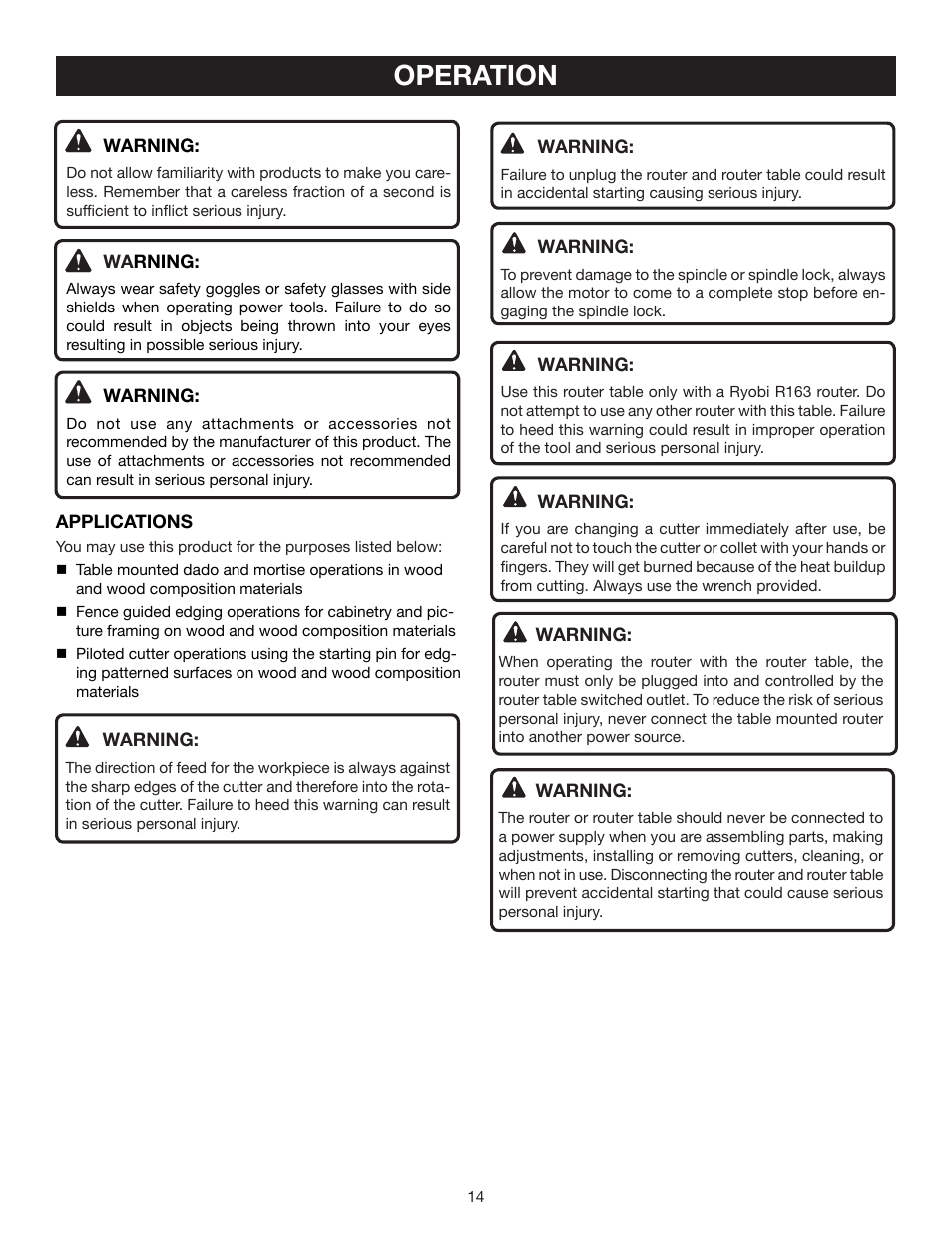 Operation | Ryobi RT102 User Manual | Page 14 / 18