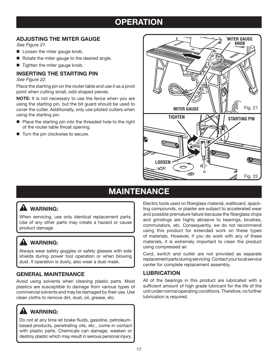 Maintenance, Operation | Ryobi RT102 User Manual | Page 17 / 18