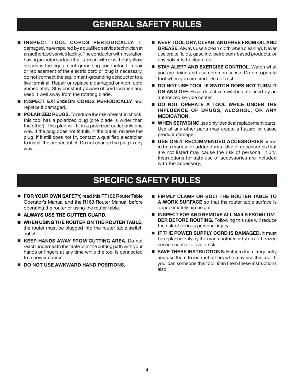 General safety rules, Specific safety rules | Ryobi RT102 User Manual | Page 4 / 18