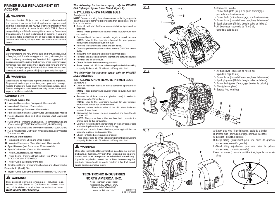 Ryobi AC20100 User Manual | 2 pages