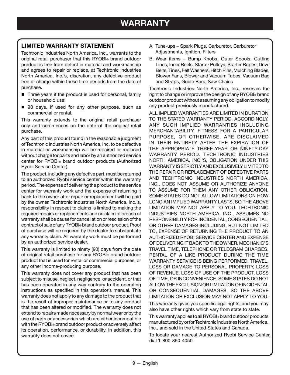 Warranty, Limited warranty statement | Ryobi RY15519 User Manual | Page 11 / 30