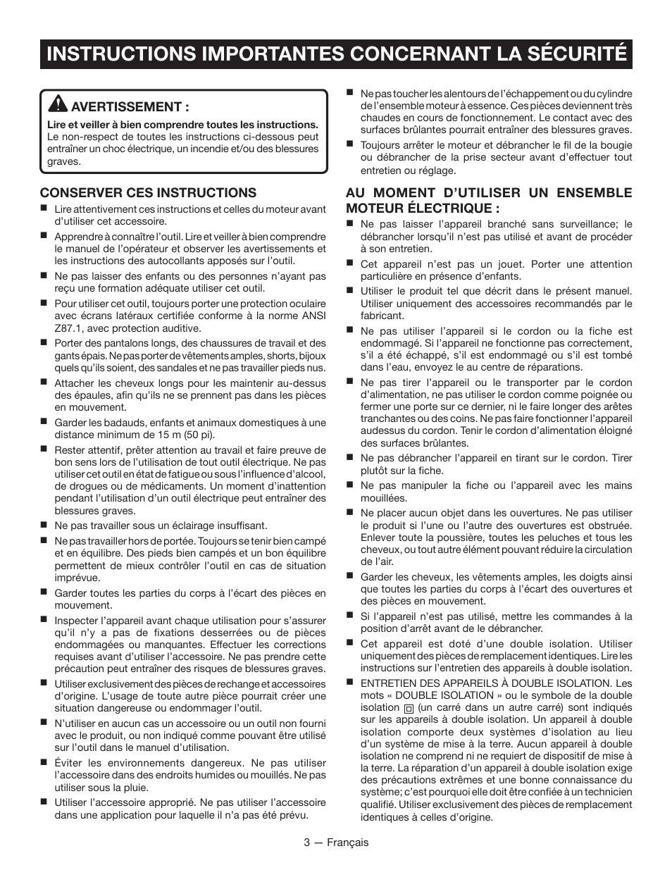 Instructions importantes concernant la sécurité, Avertissement, Conserver ces instructions | Au moment d’utiliser un ensemble moteur électrique | Ryobi RY15519 User Manual | Page 12 / 30