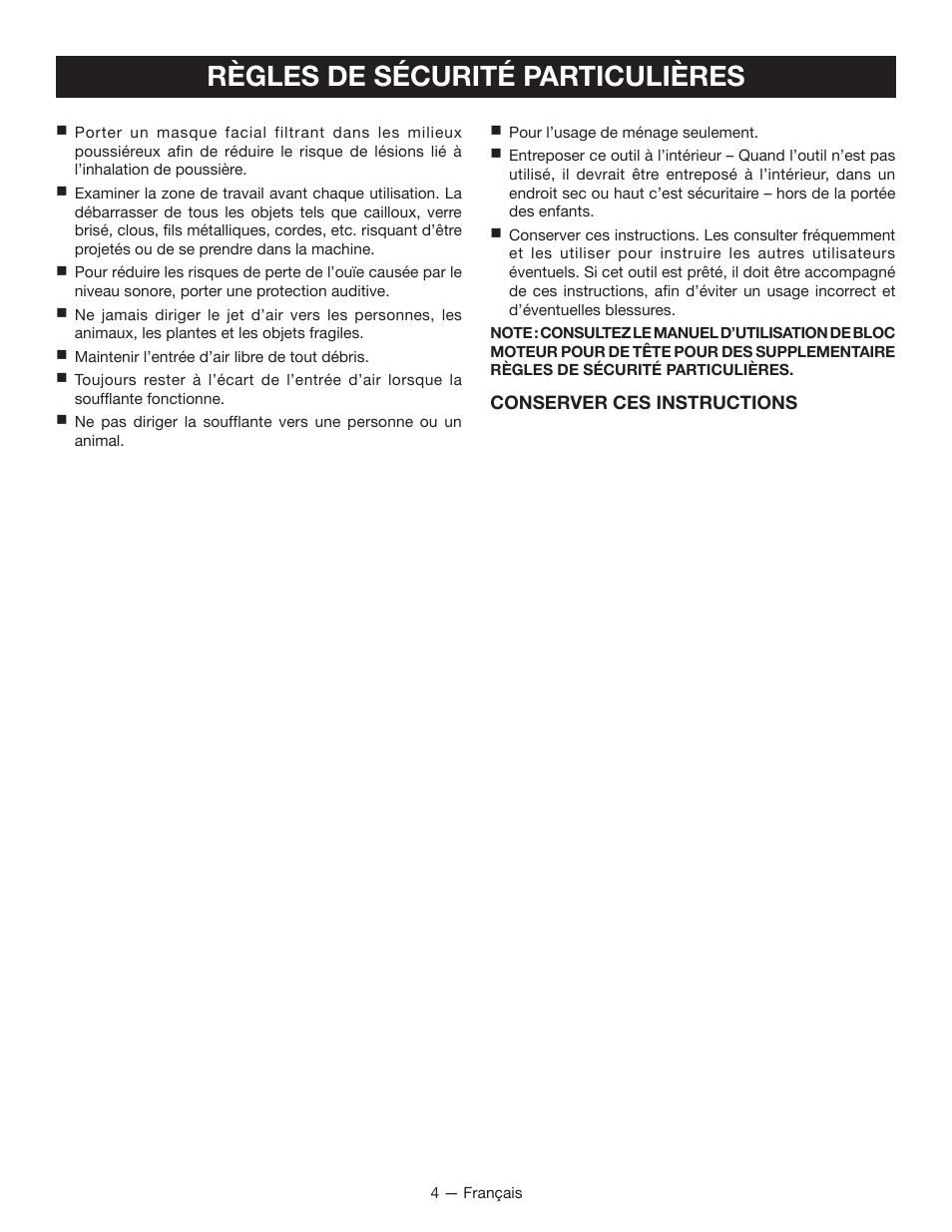 Règles de sécurité particulières | Ryobi RY15519 User Manual | Page 13 / 30