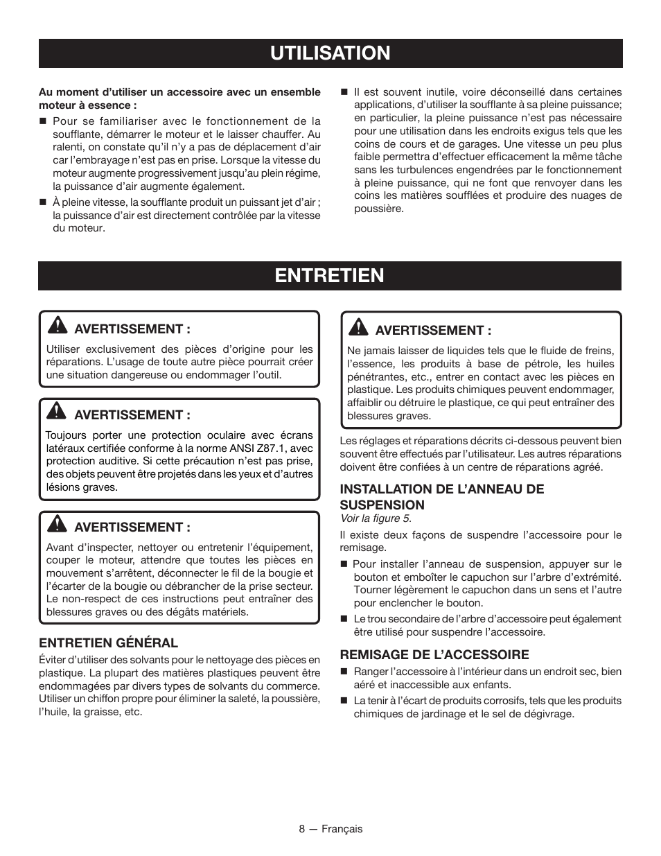 Utilisation, Entretien | Ryobi RY15519 User Manual | Page 17 / 30