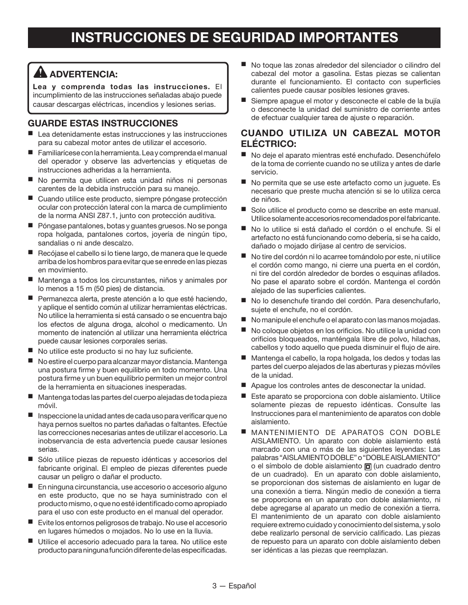 Instrucciones de seguridad importantes, Advertencia, Guarde estas instrucciones | Cuando utiliza un cabezal motor eléctrico | Ryobi RY15519 User Manual | Page 19 / 30