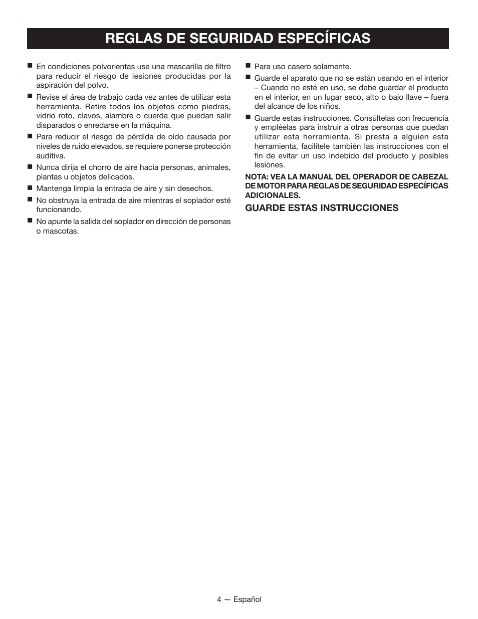 Reglas de seguridad específicas | Ryobi RY15519 User Manual | Page 20 / 30