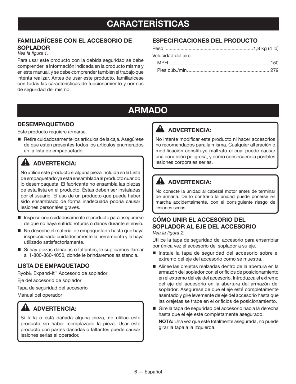 Características, Armado | Ryobi RY15519 User Manual | Page 22 / 30