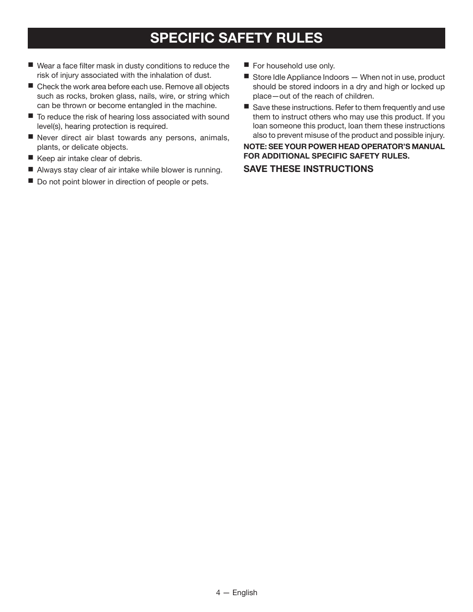 Specific safety rules | Ryobi RY15519 User Manual | Page 6 / 30