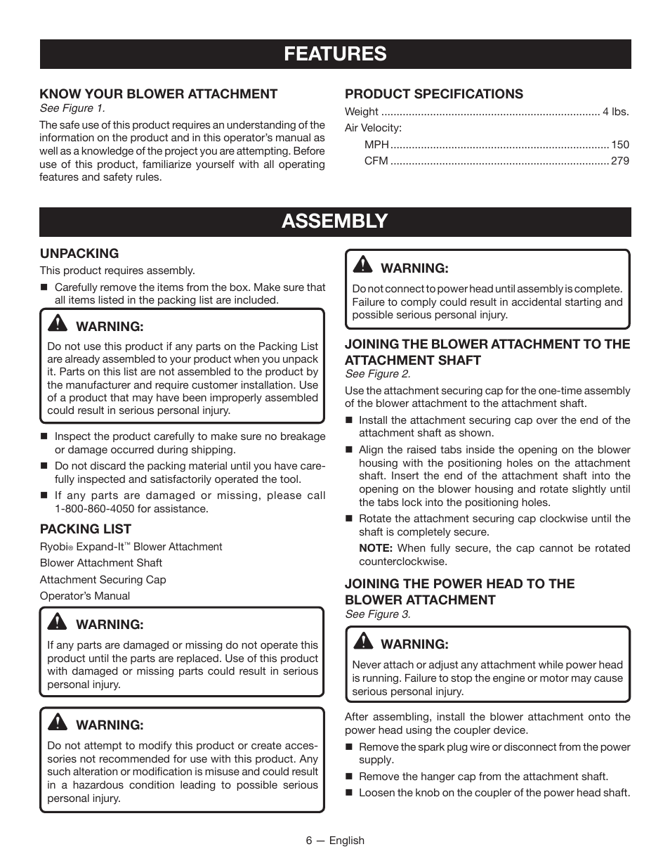 Features, Assembly | Ryobi RY15519 User Manual | Page 8 / 30