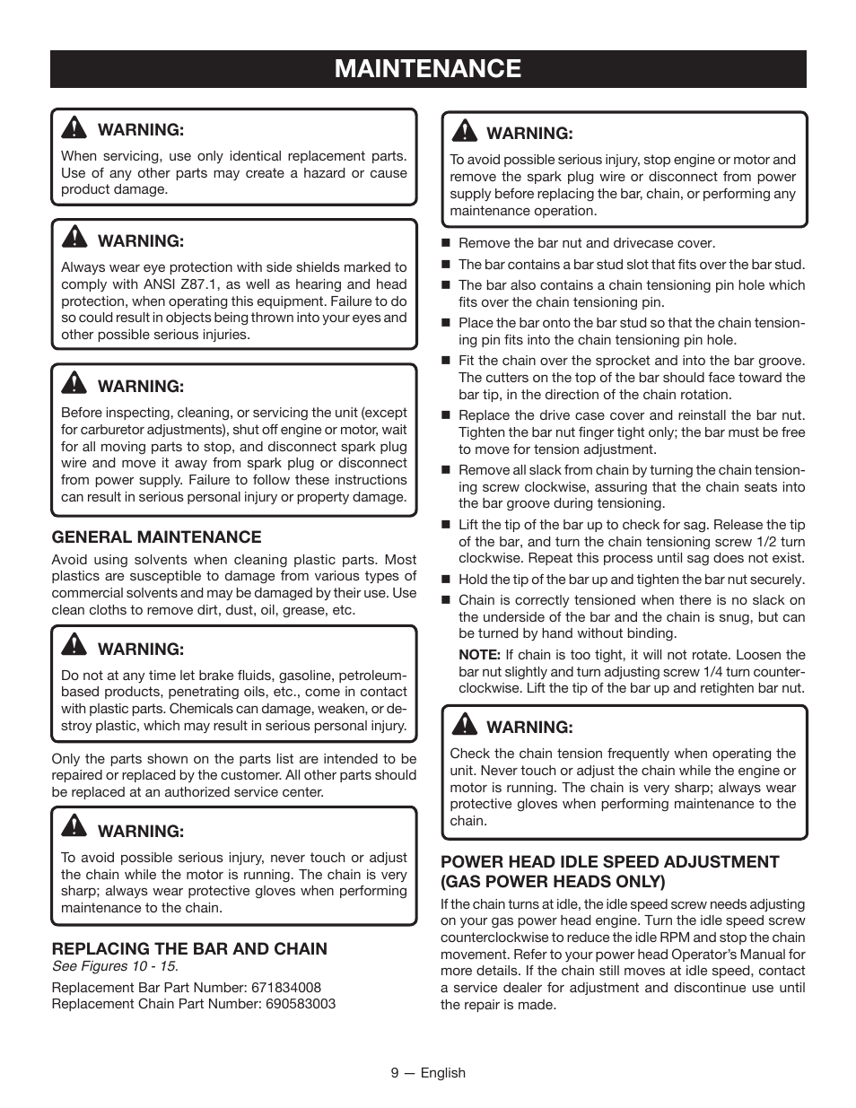 Maintenance | Ryobi RY15520 User Manual | Page 13 / 44