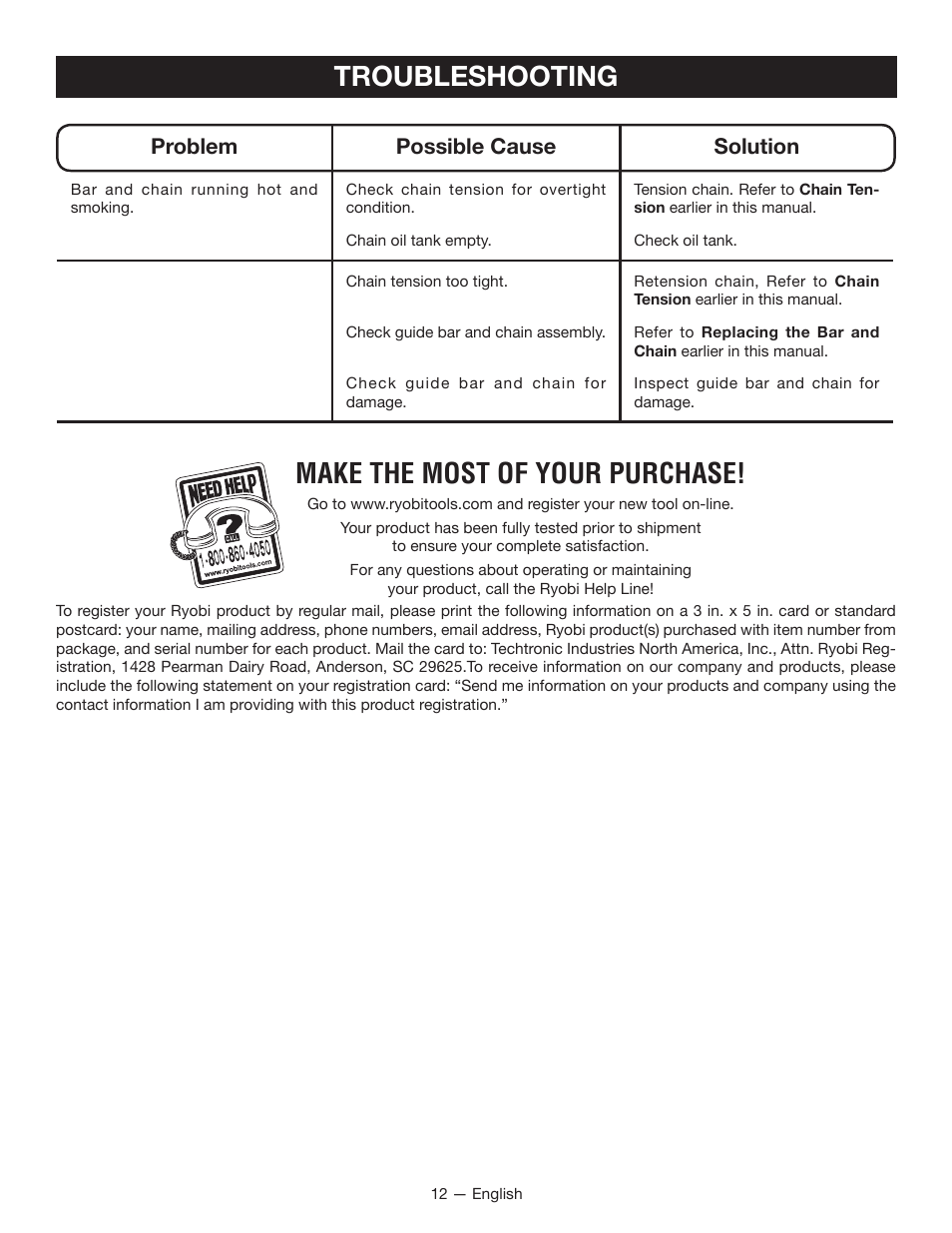 Troubleshooting make the most of your purchase, Problem possible cause solution | Ryobi RY15520 User Manual | Page 16 / 44