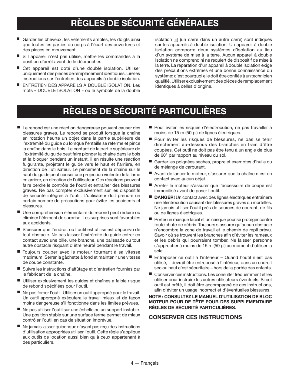 Règles de sécurité particulières, Règles de sécurité générales, Conserver ces instructions | Ryobi RY15520 User Manual | Page 19 / 44