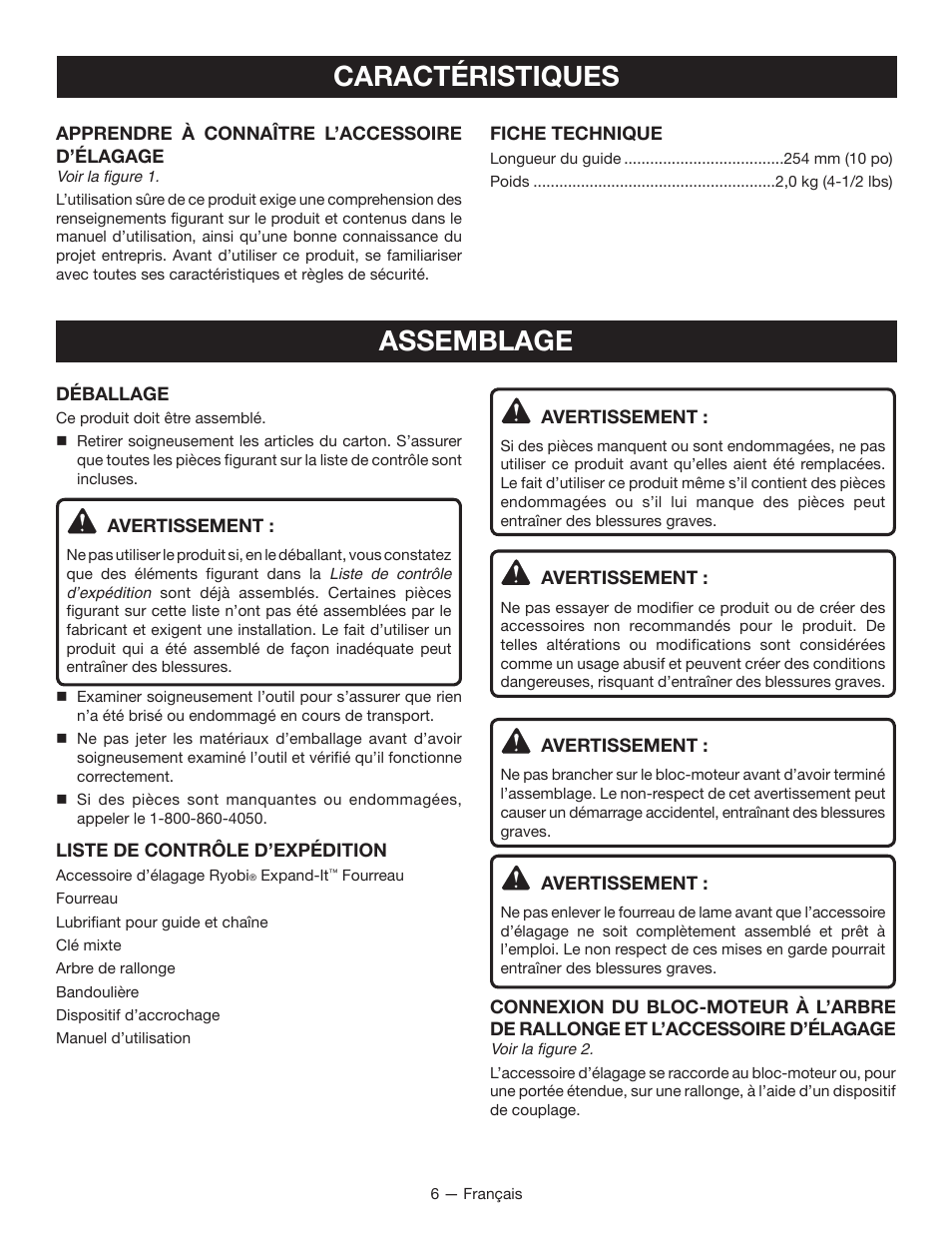 Caractéristiques, Assemblage | Ryobi RY15520 User Manual | Page 21 / 44