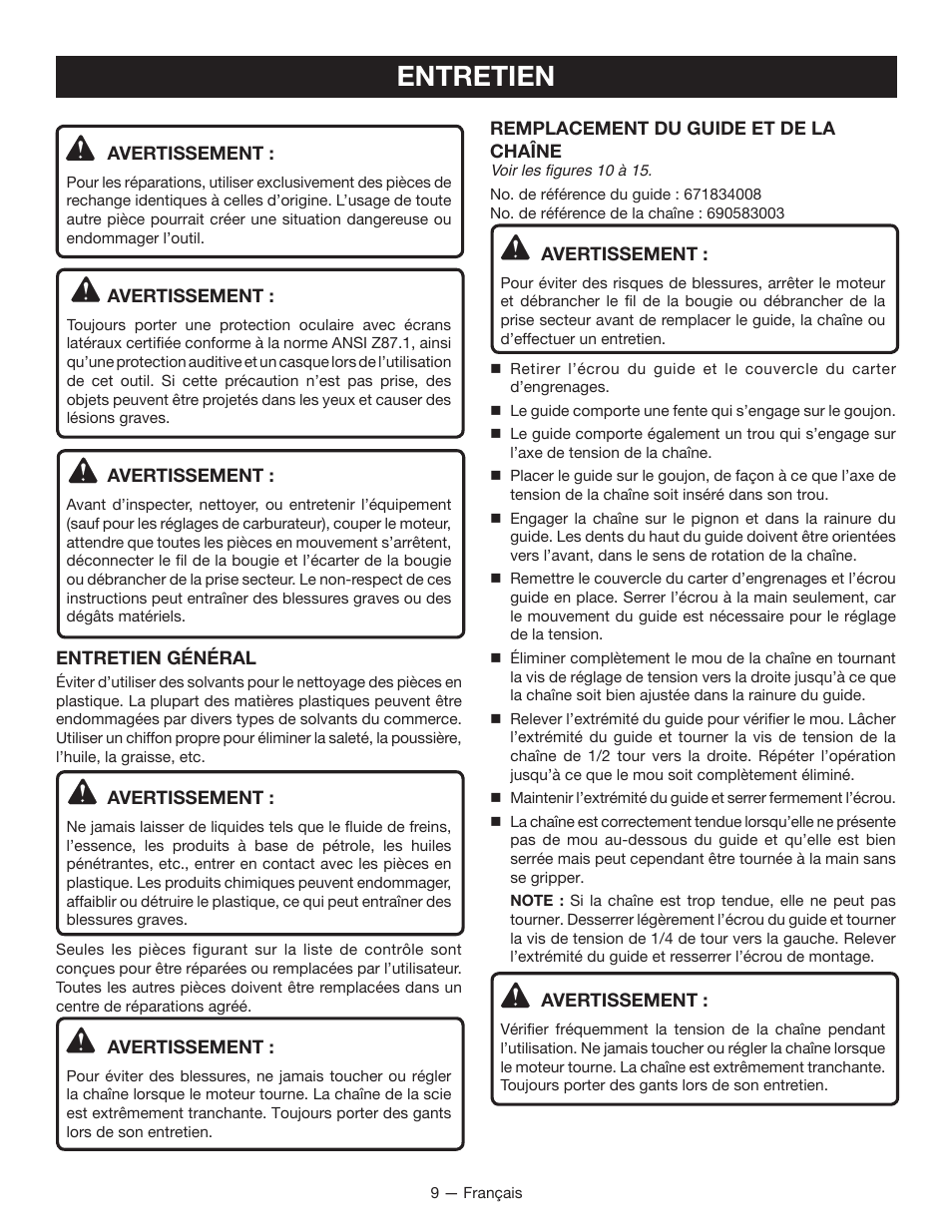 Entretien | Ryobi RY15520 User Manual | Page 24 / 44