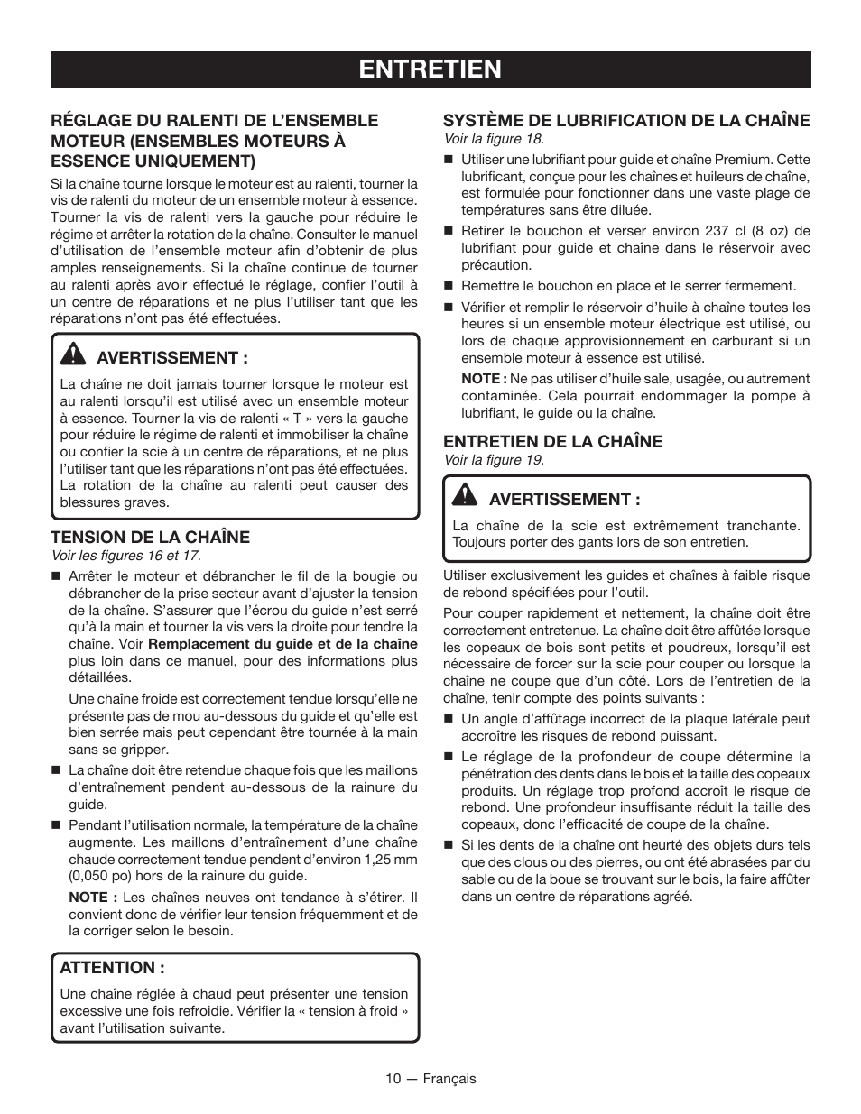 Entretien | Ryobi RY15520 User Manual | Page 25 / 44