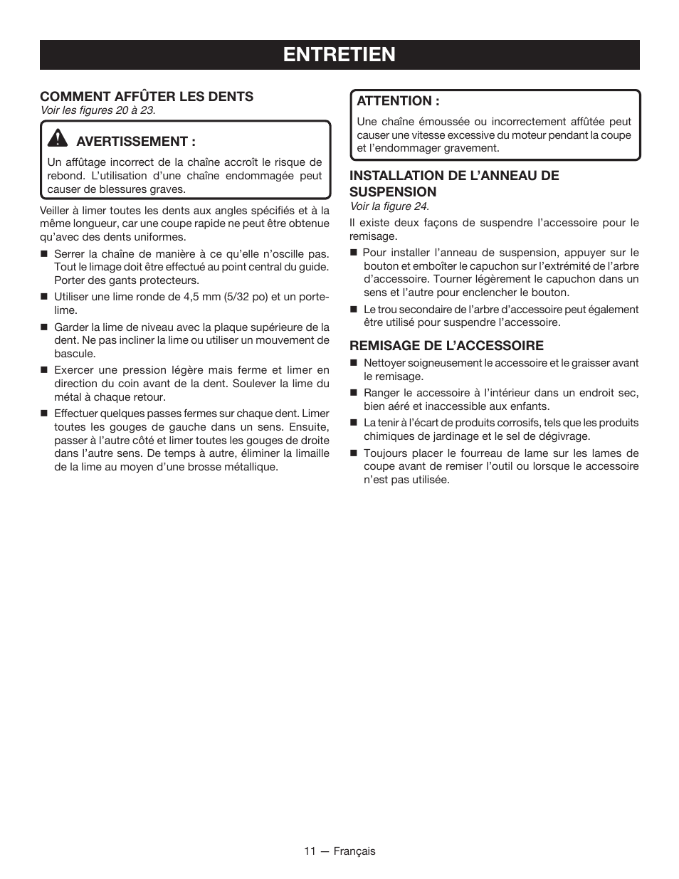 Entretien | Ryobi RY15520 User Manual | Page 26 / 44