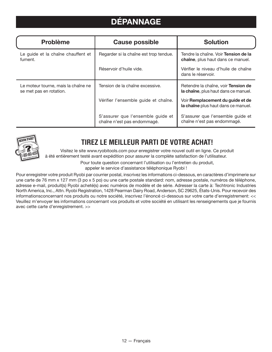 Dépannage, Tirez le meilleur parti de votre achat, Problème cause possible solution | Ryobi RY15520 User Manual | Page 27 / 44